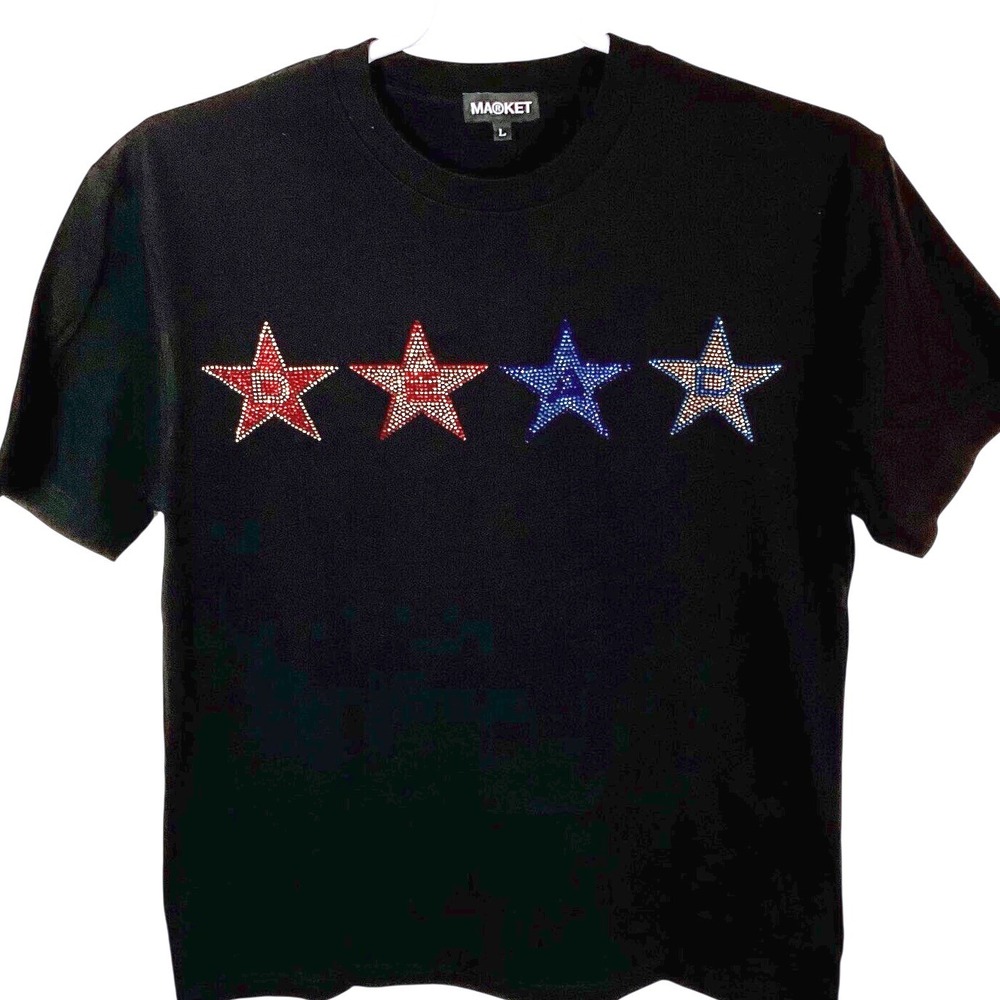Market Mens Rhinestone Dead Star Graphic T-Shirt Black Size L Short Sleeve Tee